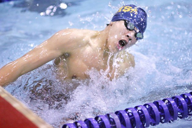 Hazen's Nathan Tat pushes off the wall at the halfway mark of the breaststroke leg of the 200 IM Saturday at the Seamount League swim and dive championships at Hazen High School.