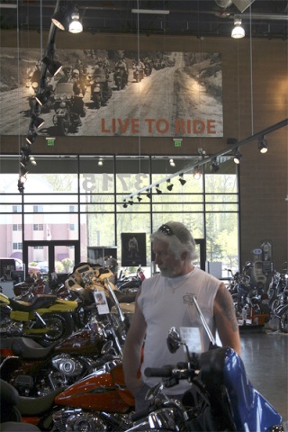 Ray Paglia of Kent checks out a Harley bike this week at the newly opened Downtown Harley on East Valley Road in Renton. The grand opening is Saturday.
