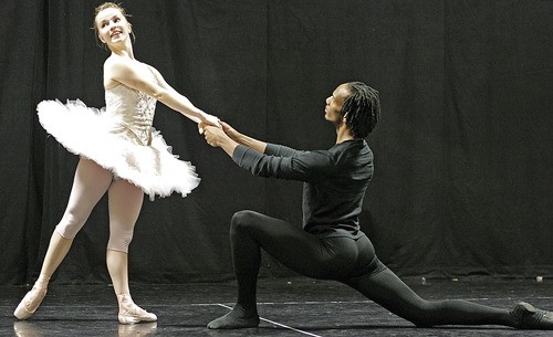 Evergreen City Ballet dancers Charmaine Butcher and Demetrius Tabron perform a piece from “The Nutcracker” during a recent rehearsal. Tabron