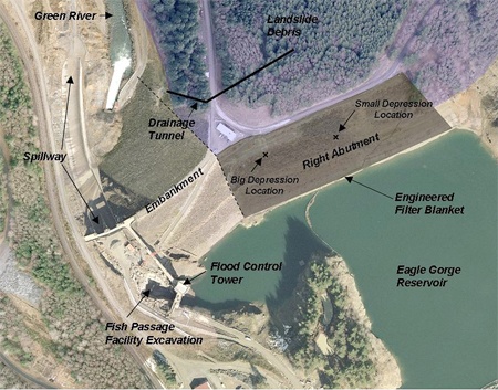 U.S. Army Corps of Engineers released this graphic showing where the damage has occurred to the Howard Hanson Dam in the Cascades.