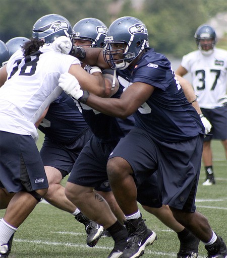 Seahawks rookie offensive tackle Russell Okung works through a drill at a Mini Camp practice June 15.
