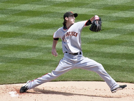 Liberty graduate Tim Lincecum pitches in an April 12 game against San Diego.