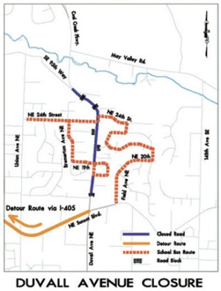 Several detour routes are suggested for the closure of Duvall Avenue Northeast.