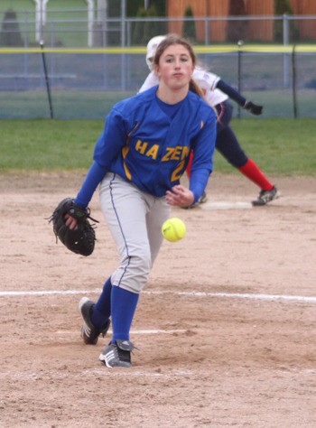 Hazen's Kristina Holm delivers a pitch during a 19-6 loss to Kennedy on April 2.