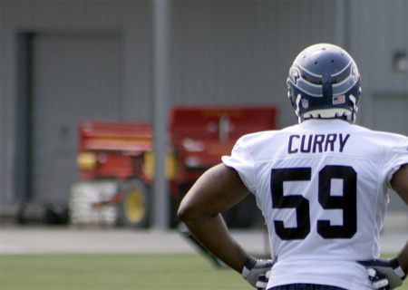 Rookie Aaron Curry at a mini-camp practice at the VMAC in Renton.