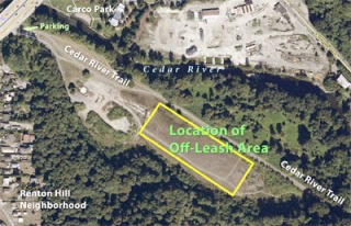 An aerial shot of the off-leash dog park planned to go in this summer on a 5-acre city-owned field next to the Cedar River trail