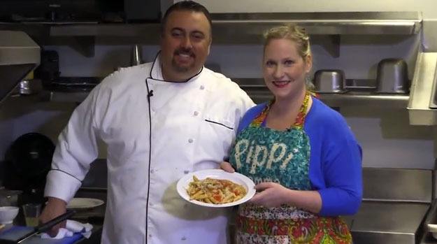 Chef Jeremy Bryant and Carolyn Ossorio with a plate of 'Edgar's Famous Pepperoni Pasta.'