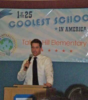 Jake Director of Strideline addresses fifth-graders at Talbot Hill Elementary School earlier this year.
