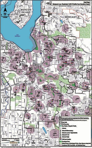 A Renton planning department map shows the 100-foot buffer zones around sensitive uses such as schools