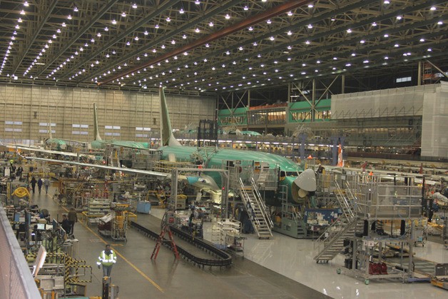 New 737 airliners being built at Boeing's Renton facility.