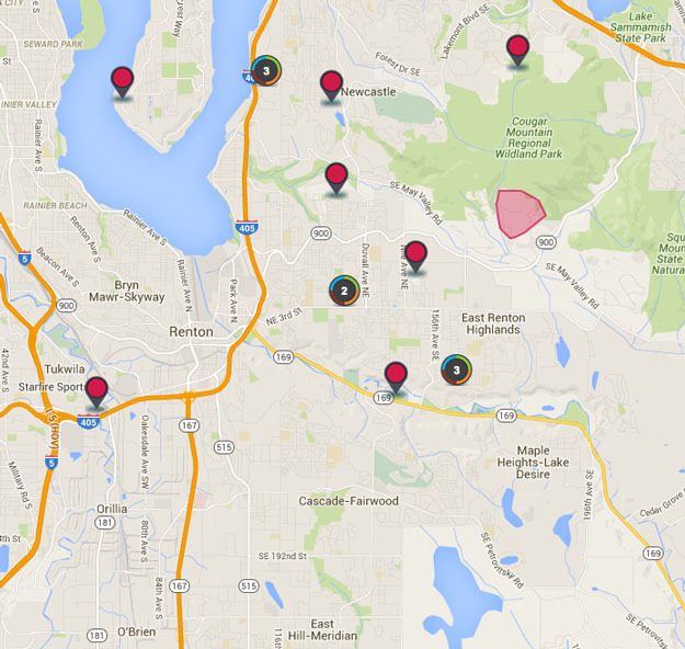 A screen shot of a Puget Sound Energy's outage map showing areas around Renton that do not have electricity as of 1:30 p.m. Monday.