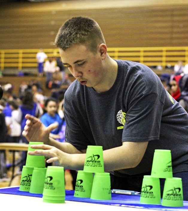Hazen sophomore Timothy Merritt competes at the eighth annual Northwest Region Sport Stacking tournament this past weekend. More than 300 competitors from the Pacific Northwest converged on the Auburn High School gym to compete in the longest running regional sport stacking tournament in the country.