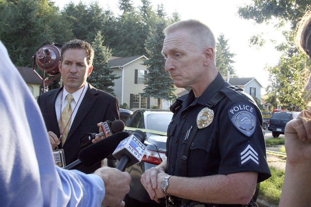 Kent Police Sgt. Mike Lowery briefs the media late Wednesday afternoon on the shooting of a 24-year-old man by a Renton Police officer in Kennydale.