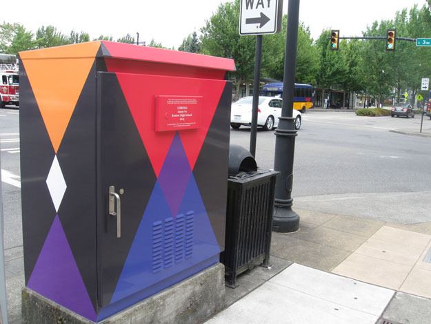 The colors on the utility boxes downtown reflect the Renton School District's three high schools.