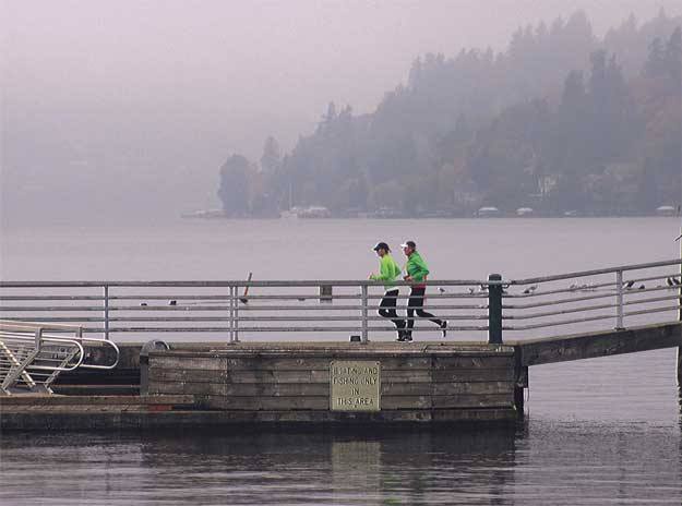 A pair of runners cuts through the misty morning fog at Coulon Park.