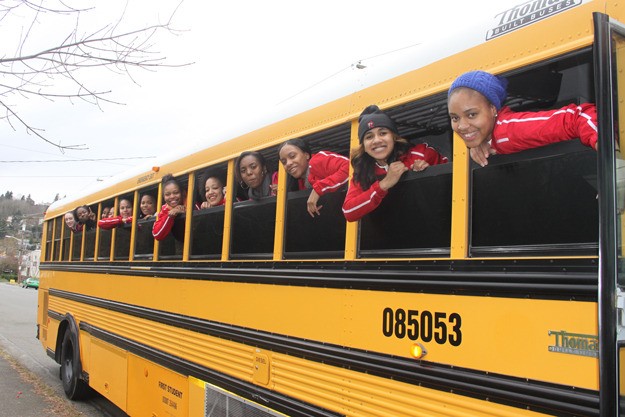 Members of the Renton girls basketball team leave for the state tournament in Yakima Feb. 27.