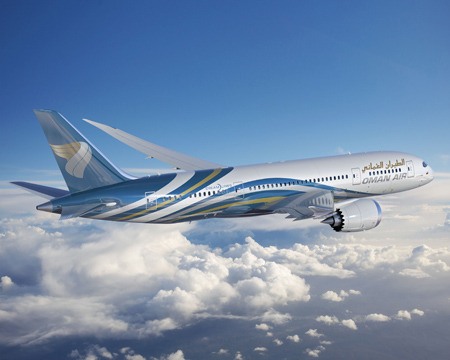 This Boeing 787 is in Oman Air livery.