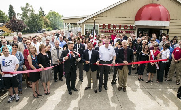 Dignitaries and members of the Renton business community cut the ribbon in June on the new Renton Chamber of Commerce Headquarters and Visitors Center.