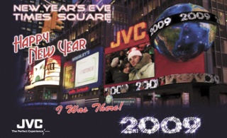 Renton company PIXELFire Productions created an interactive video experience that appeared on this JVC billboard during the New Year’s Eve celebration Wednesday night in  New York City’s Times Square. Pictured is a sample of the souvenir graphic available to the participating partiers.