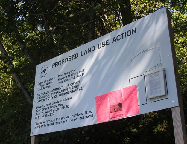 Land use sign for a new development coming to undeveloped land in the Tiffany Park neighborhood.