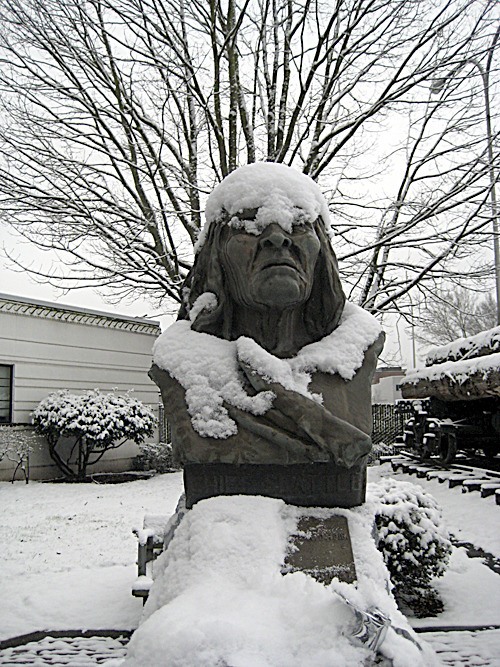 Chief Seattle (also Chief Sealth) is stuck outside in the snow at the Renton History Museum in downtown Renton Monday.