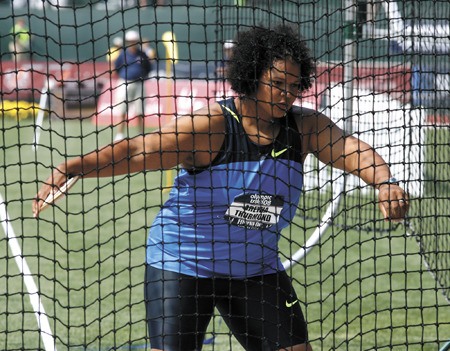 Aretha Thurmond throws at the U.S. Olympic Track and Field Trials in Eugene