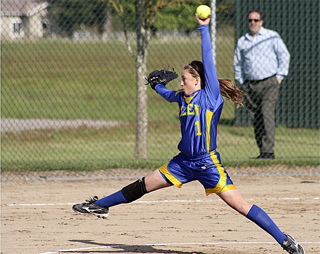 Hazen's Kristina Holm pitches in a sub-district game against Bonney Lake May 14.