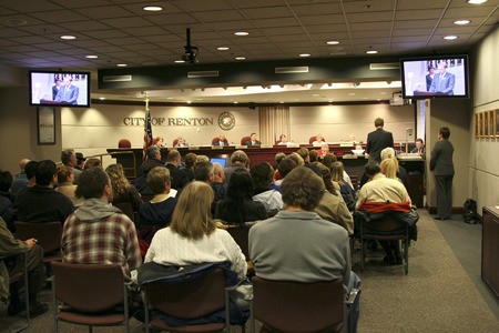 Audience members filled the council chambers Monday to discuss their views of the Feb. 9 library annexation vote.