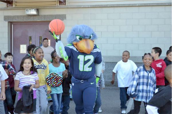 Seattle Seahawks' mascot Blitz visits Campbell Hill Elementary School Tuesday to encourage students to stay healthy