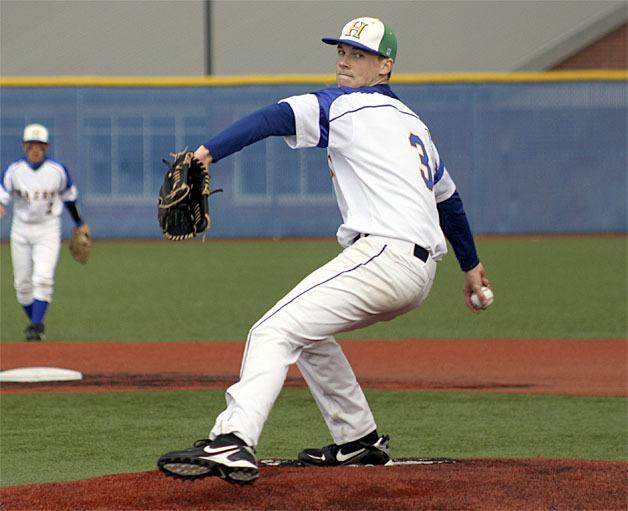 Hazen's Jake Kolterman pitches against Columbia River in the West Central District tournament.