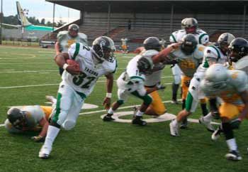 The Seattle-Tacoma Cobras rushed for 255 yards and four touchdowns in a 77-12 victory over the Inner City Shine from Oregon Saturday at Renton Memorial Stadium.