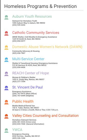 The services available locally for homeless and other individuals in need.