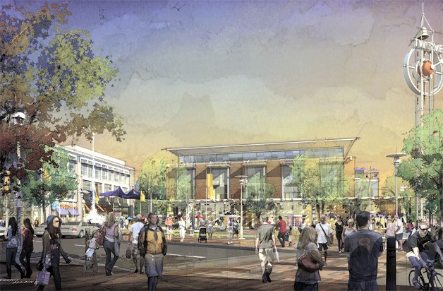 An artist’s conception shows the pedestrian plaza in the Highlands redevelopment.