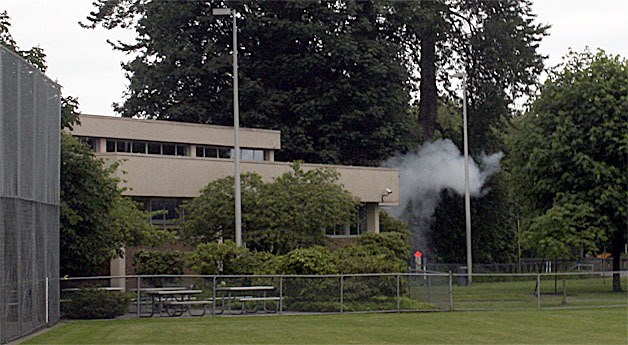 The detonation aftermath of a home-made bomb found by a Renton Parks Department employee and detonated by bomb-disposal specialists Wednesday afternoon outside of the downtown Renton Library.