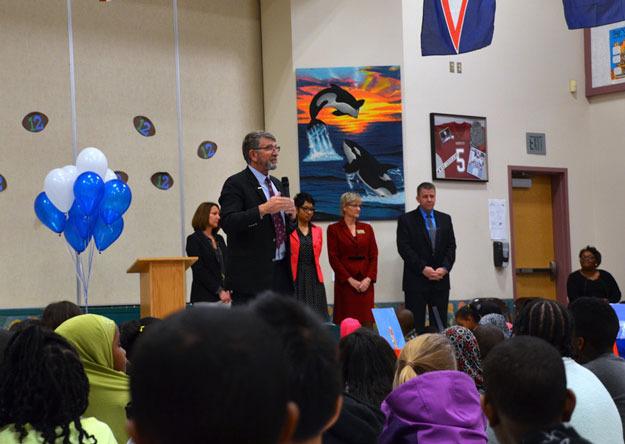 Washington State Superintendent of Public Instruction Randy Dorn makes an important announcement at Lakeridge Elementary School in Renton's Skyway neighborhood.
