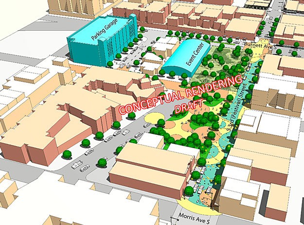 This conceptual image shows the 'festival street' idea for South Third Street should the transit center be moved.