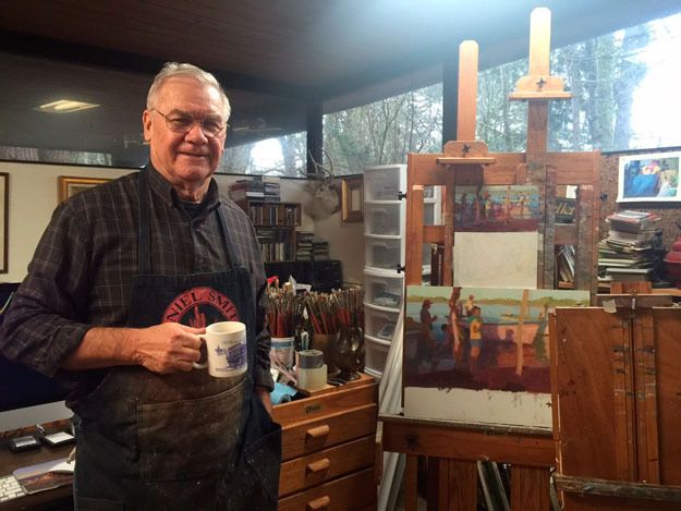 Artist Ned Mueller works at his studio in Renton. He paints
