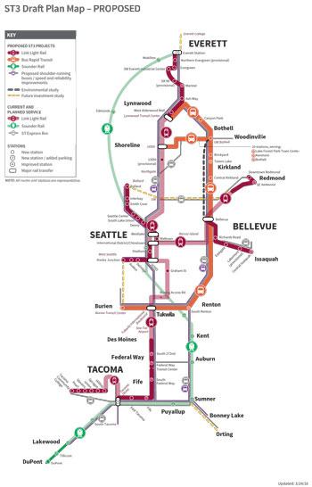 A map showing the extent of the proposed Sound Transit 3 projects.