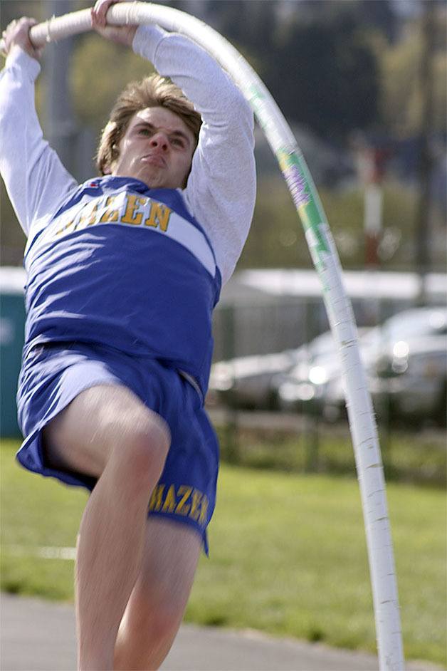 Hazen senior Kyle Martin pole vaulting at an April 28 meet. Martin is tied for the best 3A pole vault in Washington.