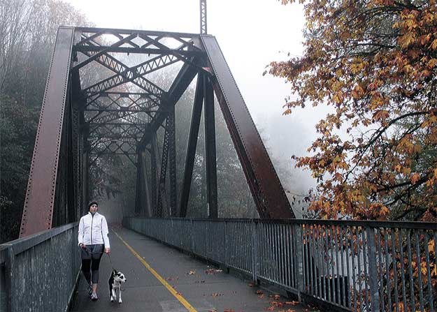 The persistent fog gives the pedestrian bridge on the Cedar River Trail an eerie feel in the mornings