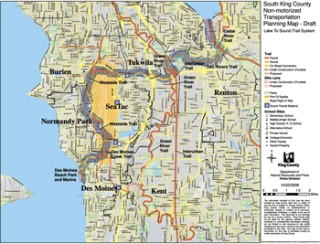The proposed 17-mile Lake-to-Sound Trail would stretch west from Renton to Puget Sound in Des Moines. It would connect four major trails and five cities.