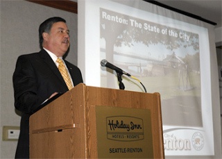 Mayor Denis Law giving the State of the City address.