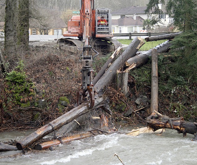 Two logs chained together were removed from the Cedar River Thursday morning. A large logjam had built up against the footbridge to Riverview Park during the recent high level of the river.