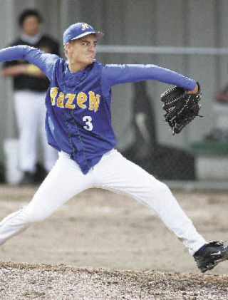Hazen’s Nick Sharp allowed just three hits and struck out nine in over four innings of shutout pitching in Hazen’s 11-0 win over Evergreen Wednesday.