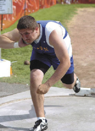 Hazen’s Andrey Levkiv throws the shot put at the 3A state meet in Pasco. Levkiv finished with the second longest distance in the state