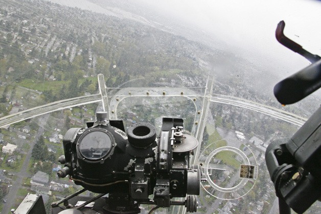 This is the view of a Seattle suburb from the bombardier's chair in the Liberty Belle.
