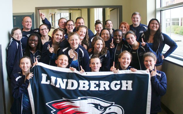 The Lindbergh swim team poses after winning the SPSL title this past weekend.