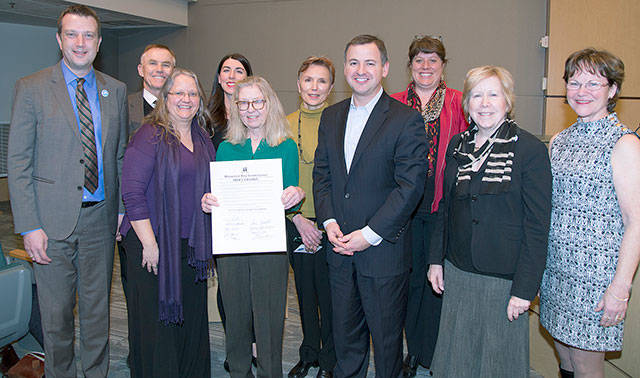 Front Row: (left to right) Councilmember Joe McDermott, Judy Johnson with the Cowlitz Indian Tribal Health Services Pathways in Healing Program, Lucy Berliner, director of the Harborview Center for Sexual Assault and Traumatic Stress, Councilmembers Rod Dembowski, Jeanne Kohl-Welles and Kathy Lambert.                                Back Row: (left to right) Councilmember Pete von Reichbauer, Amanda Norberg with the with the Cowlitz Indian Tribe, Mary Ellen Stone, director of the King County Sexual Assault Resource Center andCouncilmember Claudia Balducci