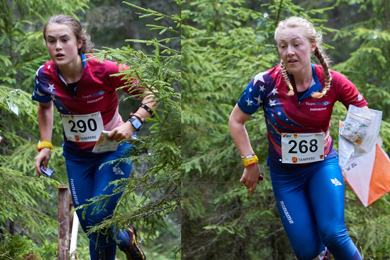 Tyra Christopherson, right and Siri Christopherson, left, in action during the Junior World Orienteering Championship in Finland. (Photo courtesy David Yee)