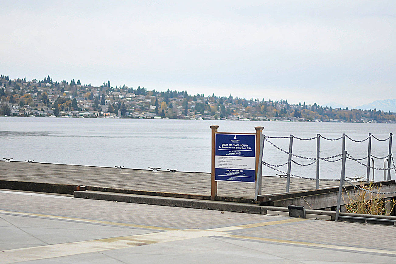 The dock behind Hyatt Regency has the infrastructure to support the water taxi pilot program that’s spearheaded by SECO development. (Leah Abraham | Renton Reporter)